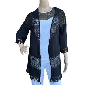 Moral Fiber Black Lace Inset Crinkle Open Front Cardigan M
